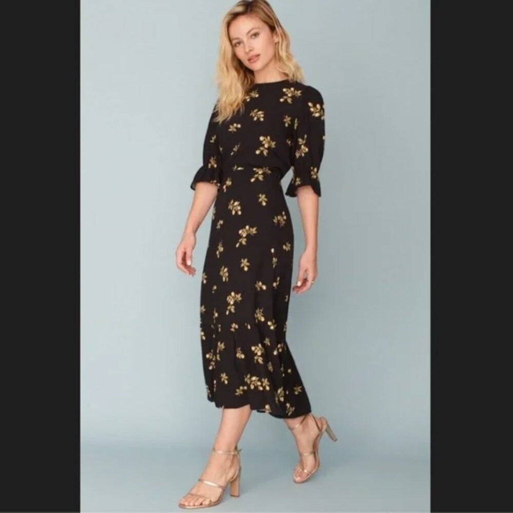 Reformation Jeans Black Yellow Floral Ecovero Midi Dress Ruffle Sleeve Medium